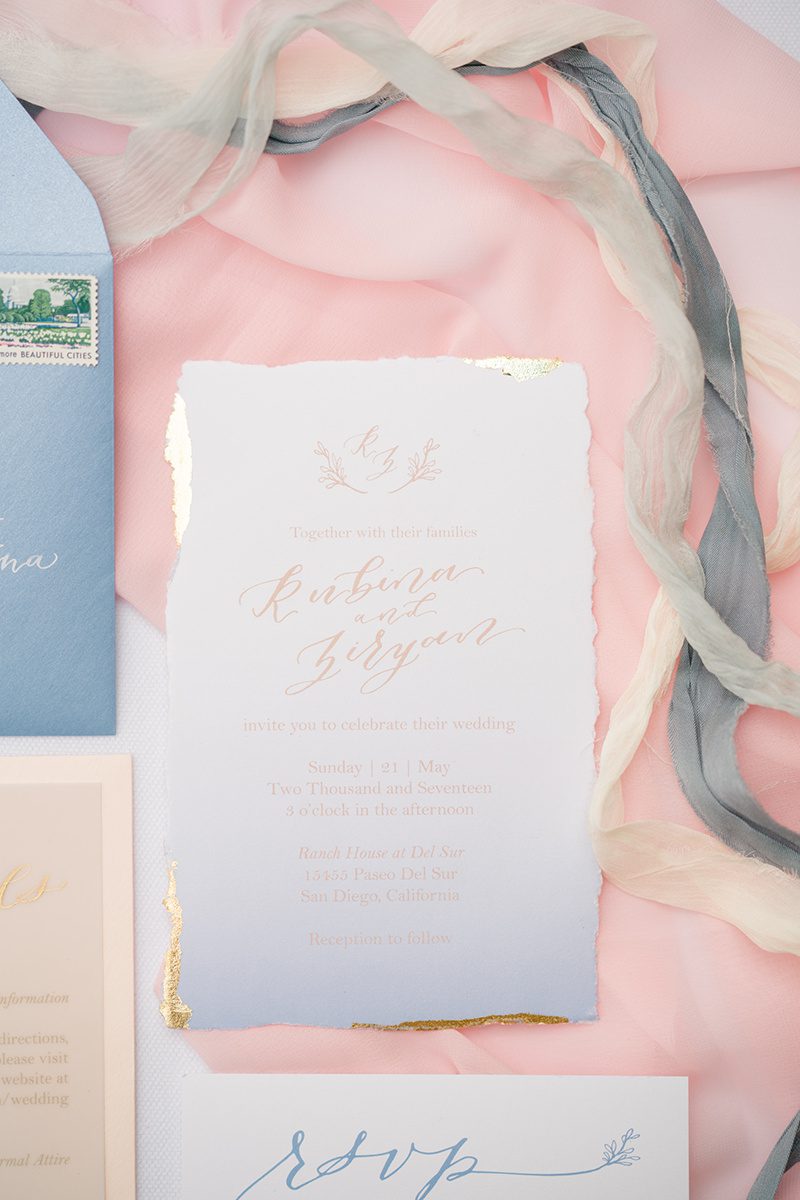 Cotton Paper with Deckled (torn) edges and Gold Leaf  Photo by  Shane and Lauren Photography