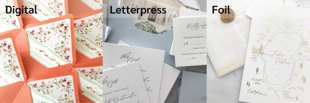 examples of digital printing, letterpress printing and foil stamping for wedding invitations