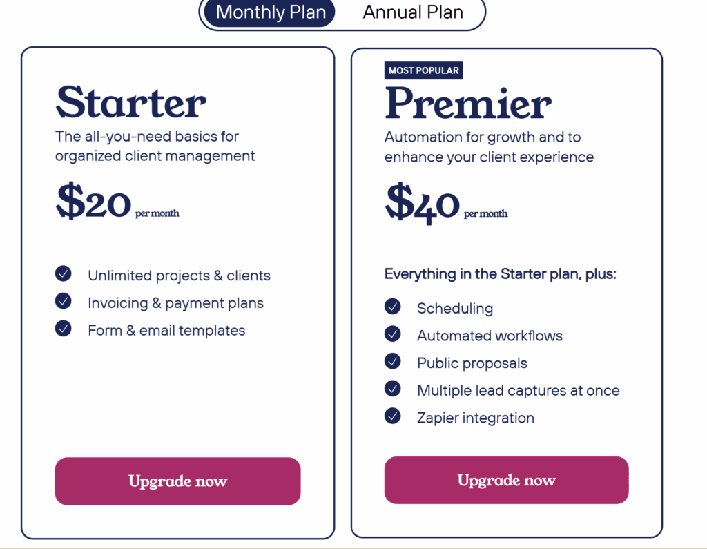 Dubsado Pricing plans
